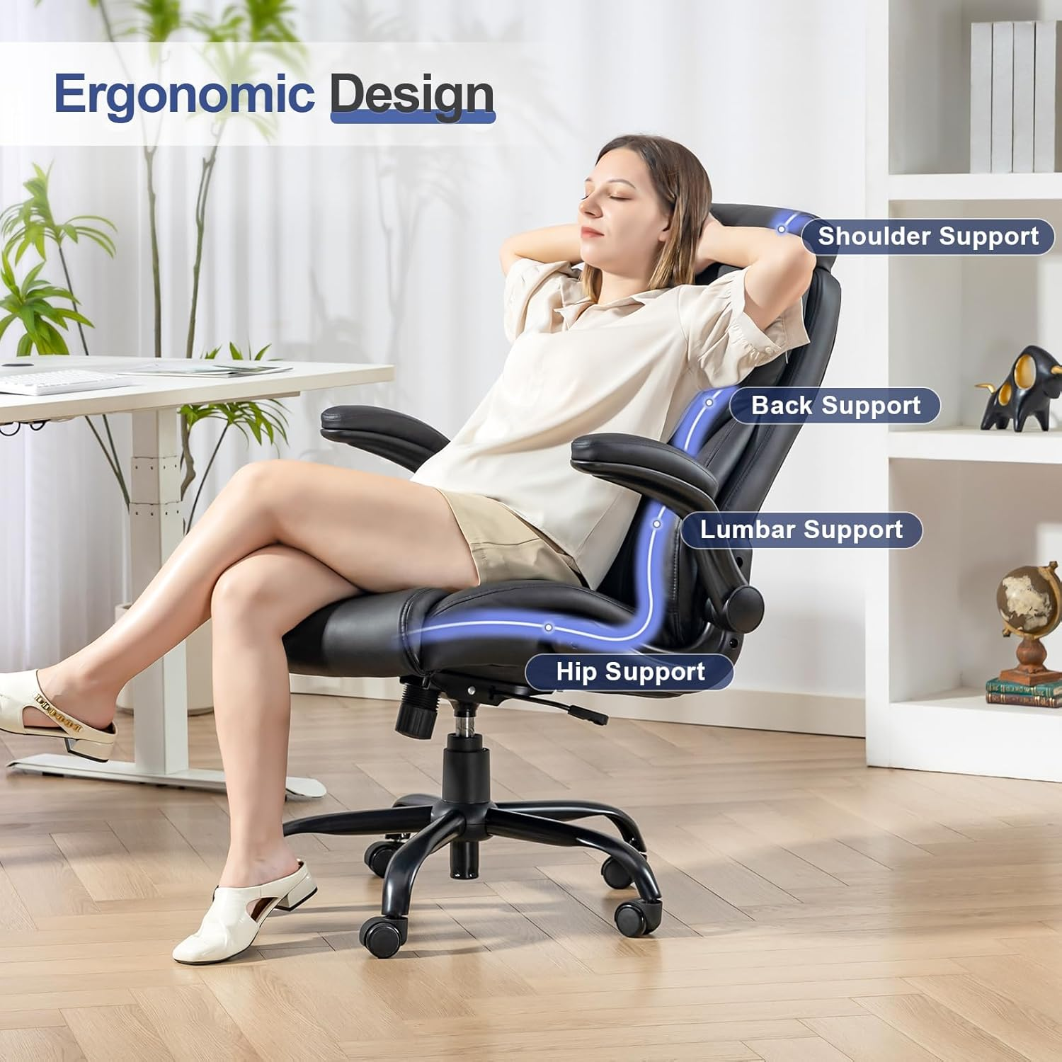 400LBS Big and Tall Office Chair, Heavy Duty Leather Executive Desk Chair with Padded Flip-Up Arms, Swivel Rolling Computer Chair for Home Office, Black - Image 4