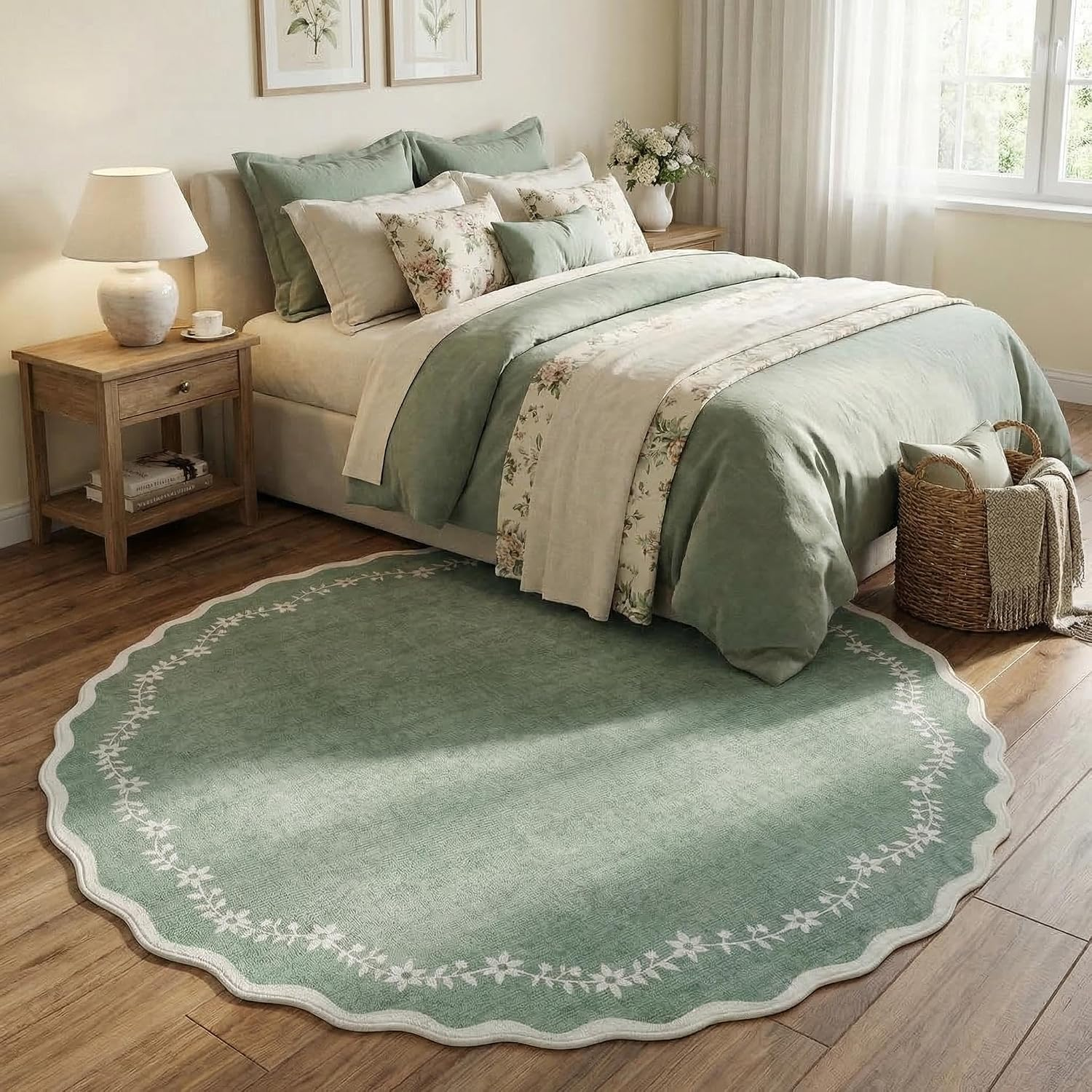 round Area Rugs 4Ft for Kids Room, Sage Green Scalloped Washable Circle Rug Soft Non Slip Floral Print Floor Mat Carpet Indoor Thin Tent Rug for Bedroom Dining Room Playroom Nursery - Image 3