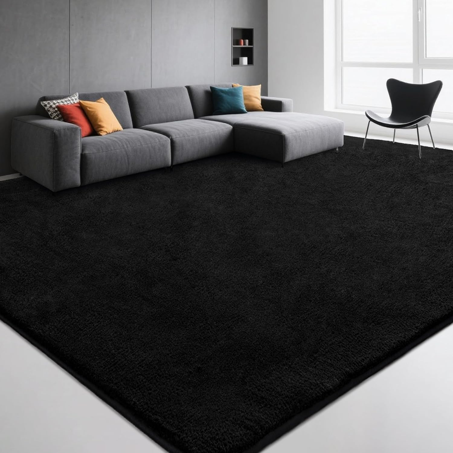 Large Modern Area Rugs for Living Room Bedroom, 9X12 Feet Black Ultra Soft Thickened Memory-Foam Indoor Rug, Comfy Aesthetic Solid Minimalist Carpets for Girls Boys Nursery Dorm Home Decor - Image 2