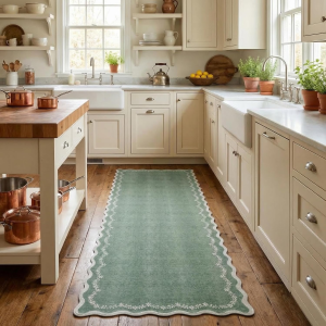 2.5X8 Scalloped Washable Runner Rug for Kitchen, Soft Green Long Hallway Runner Non Slip Entryway Rug Farmhouse Thin Laundry Mat Stain Resistant Carpet for Bathroom beside Rug