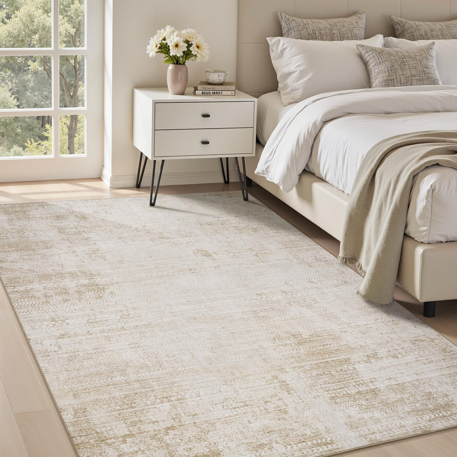 5X7 Area Rugs for Living Room Non Slip Machine Washable Rug Distressed Abstract Soft Indoor Carpet Neutral Boho Rug for Bedroom Dining Room Playroom Office, Beige - Image 3