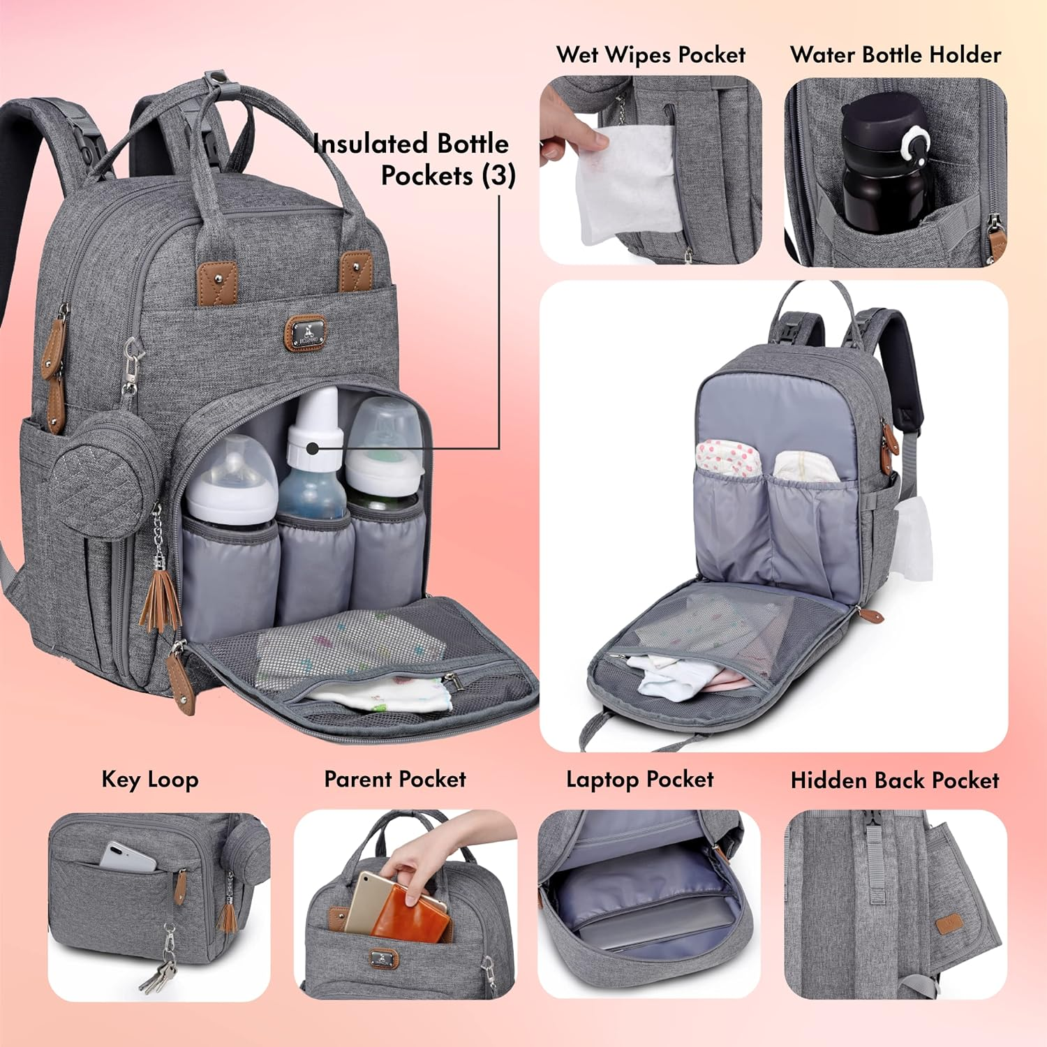 Diaper Bag Backpack with Portable Changing Pad, Pacifier Case and Stroller Straps, Large Unisex Baby Bags for Boys Girls, Multipurpose Travel Back Pack Moms Dads, Gray - Image 4