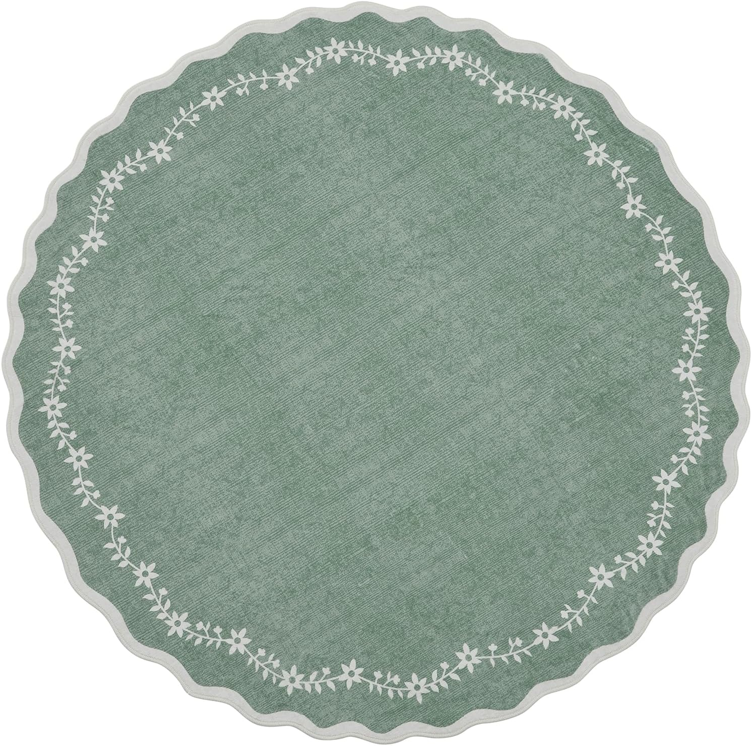 round Area Rugs 4Ft for Kids Room, Sage Green Scalloped Washable Circle Rug Soft Non Slip Floral Print Floor Mat Carpet Indoor Thin Tent Rug for Bedroom Dining Room Playroom Nursery - Image 7