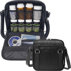 Medium 2-In-1 Pill Bottle Organizer, Crossbody PU Leather Purse for Women, Medicine Bag, Case, Carrier for Medications, Travel Medicine Organizer, Med Bag - Black (Without Lock)