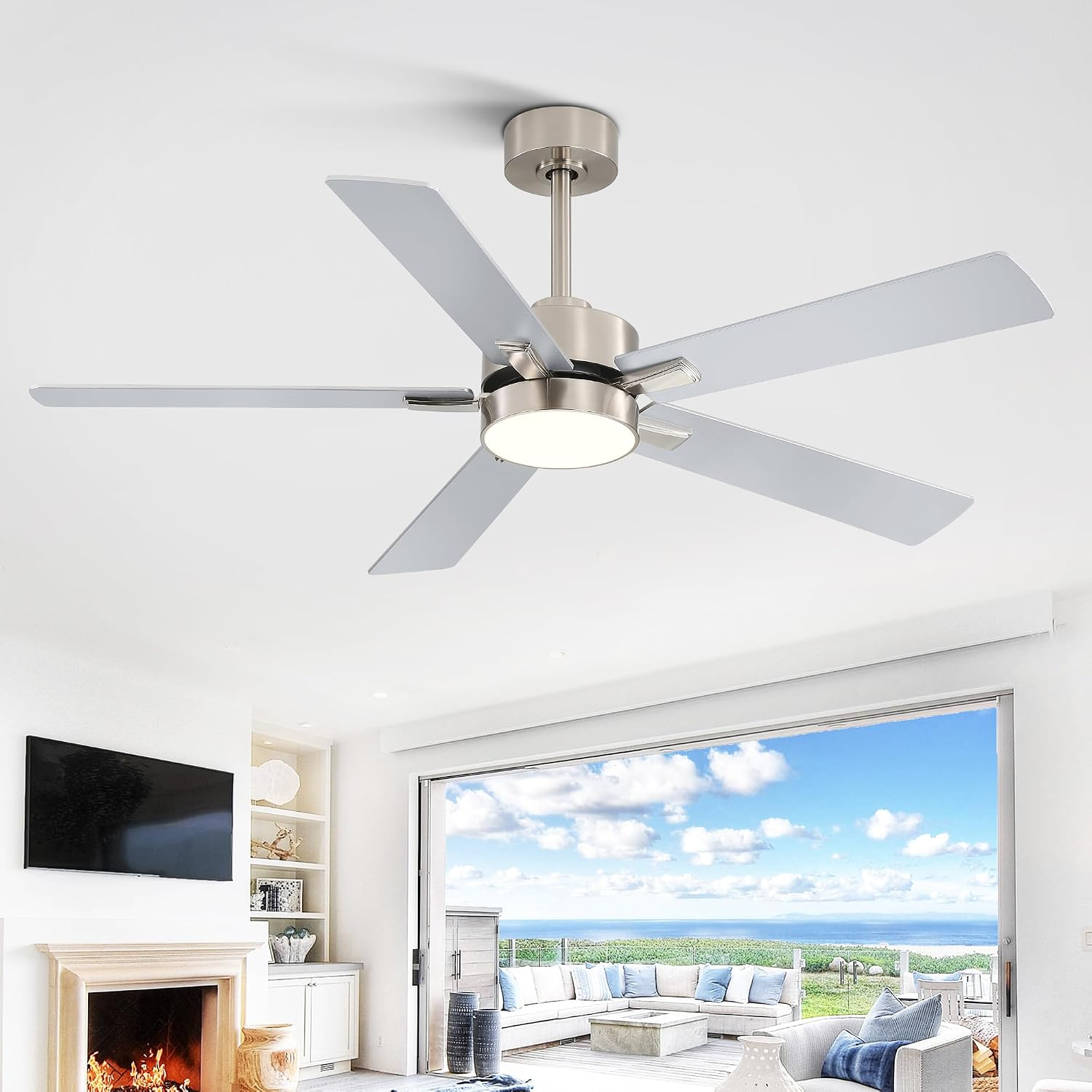Ceiling Fans with LED Lights, 52 Inch 5-Blade Ceiling Fan Remote Control, Industrial Ceiling Fan with Reversible DC Motor, Downrod Mount LED Ceiling Light Chandelier for Bedroom (Satin Nickel) - Image 9