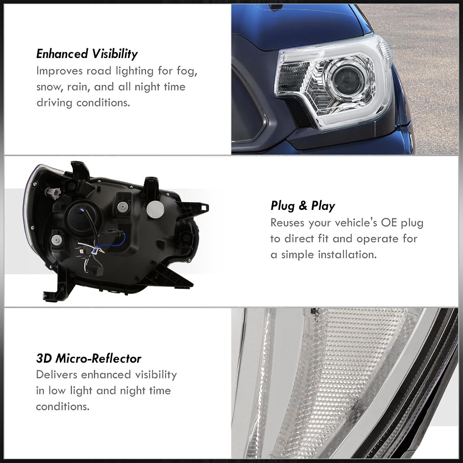 LED DRL Tube Bar Driving Projector Headlights Corner Signal Lamps Headlamps Assembly Pair Left + Right Compatible/Replacement for Tacoma Pickup Truck 2012 2013 2014 2015 12 13 14 15 - Image 5