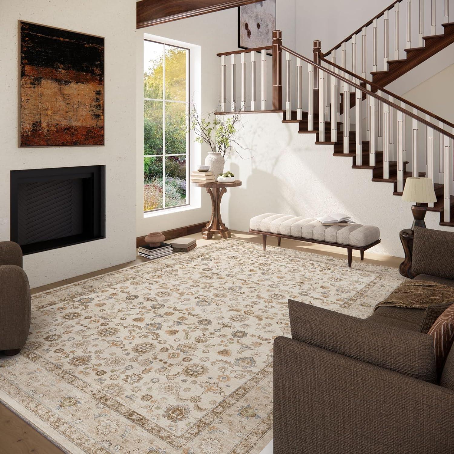 Washable Area Rugs for Living Room: 8X10 Bedroom Rug Boho Vintage Area Rug Stain Resistant Non Slip Low Pile Lightweight Soft Carpets for Dining Room Kitchen Nursery Kids Room Playroom Home Office - Image 2