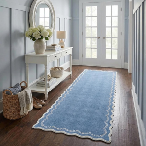 2X6 Scalloped Washable Runner Rug for Kitchen, Soft Blue Hallway Runner Non Slip Entryway Rug Farmhouse Thin Laundry Mat Stain Resistant Carpet for Bedroom Bathroom beside Rug