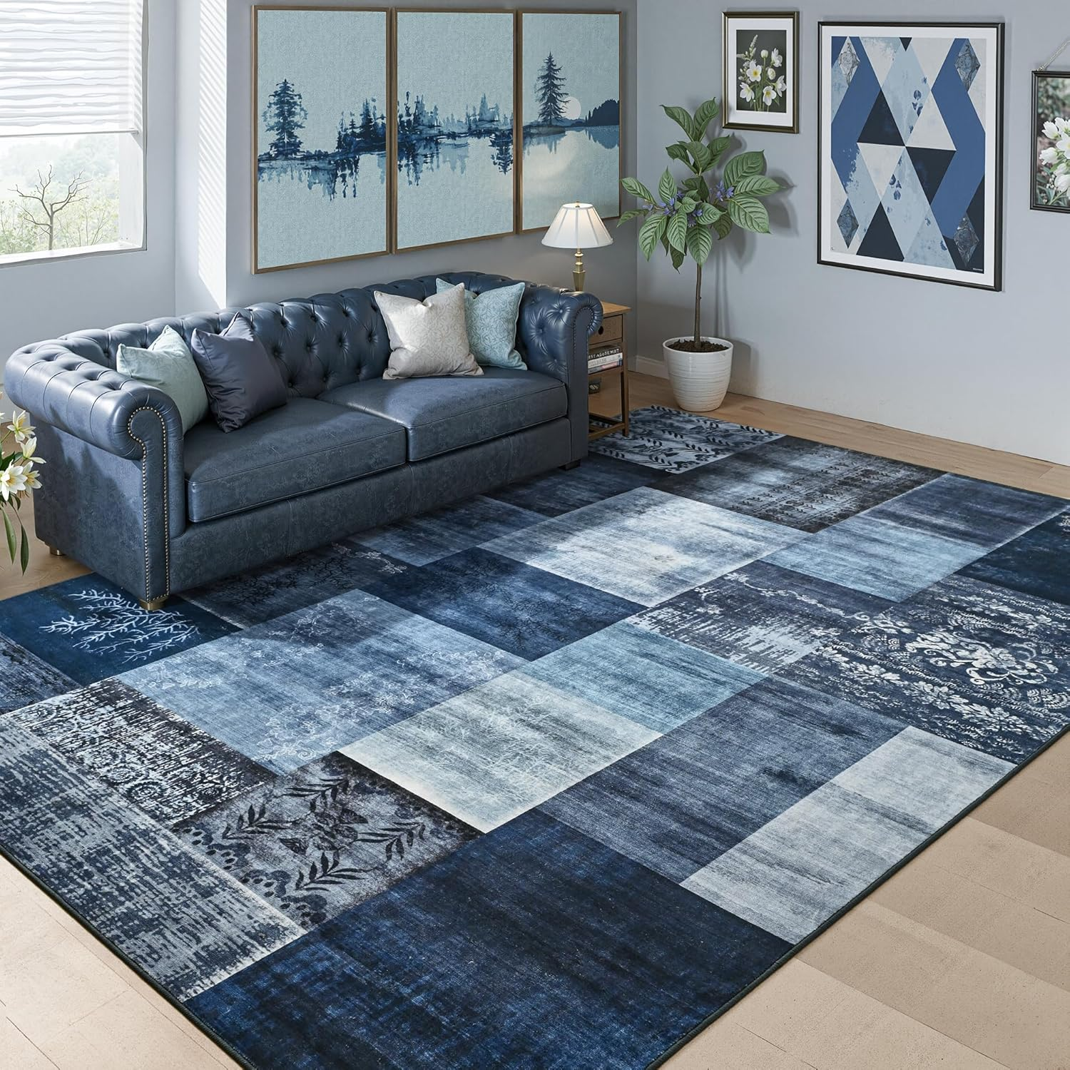 4X6 Blue Area Rugs for Living Room, Modern Large Geometric Rug for Bedroom, Washable Patchwork Rug Indoor Non Slip Throw Carpets for Dining Room Office Farmhouse Home Decor - Image 2