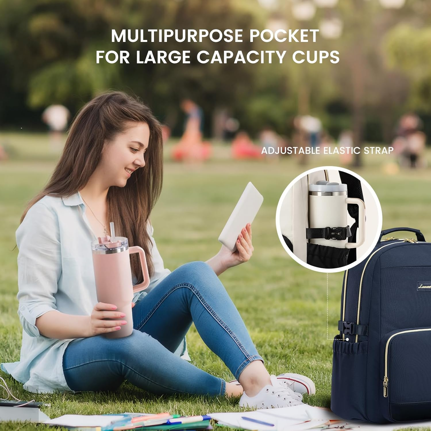 Laptop Backpack for Women with Pouch Pocket for Large Capacity Cup,15.6 Inch Laptop Computer Bag Travel Backpack Purse,Waterproof Work Business Backpack College Teacher Bags,Dark Blue - Image 2