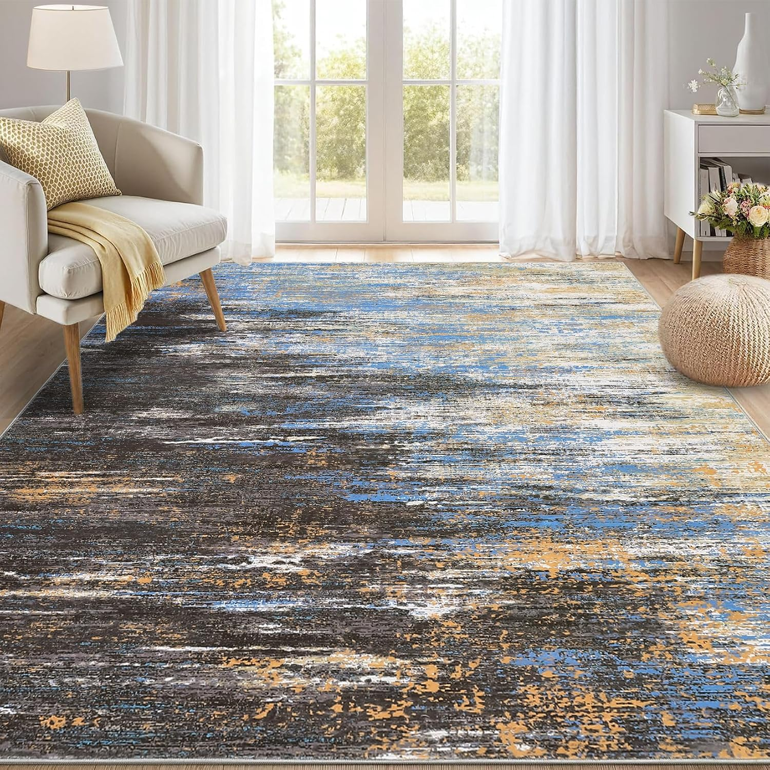 Modern Abstract Living Room Rug 10X13, Machine Washable Large Carpet, Non Slip Low Pile Throw Rug, Ultra Soft Indoor Floor Carpet for Bedroom Dining Room Table Home Decor, Blue/Brown