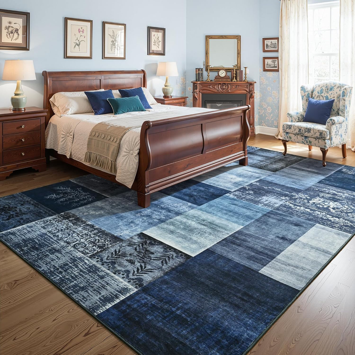 4X6 Blue Area Rugs for Living Room, Modern Large Geometric Rug for Bedroom, Washable Patchwork Rug Indoor Non Slip Throw Carpets for Dining Room Office Farmhouse Home Decor - Image 3
