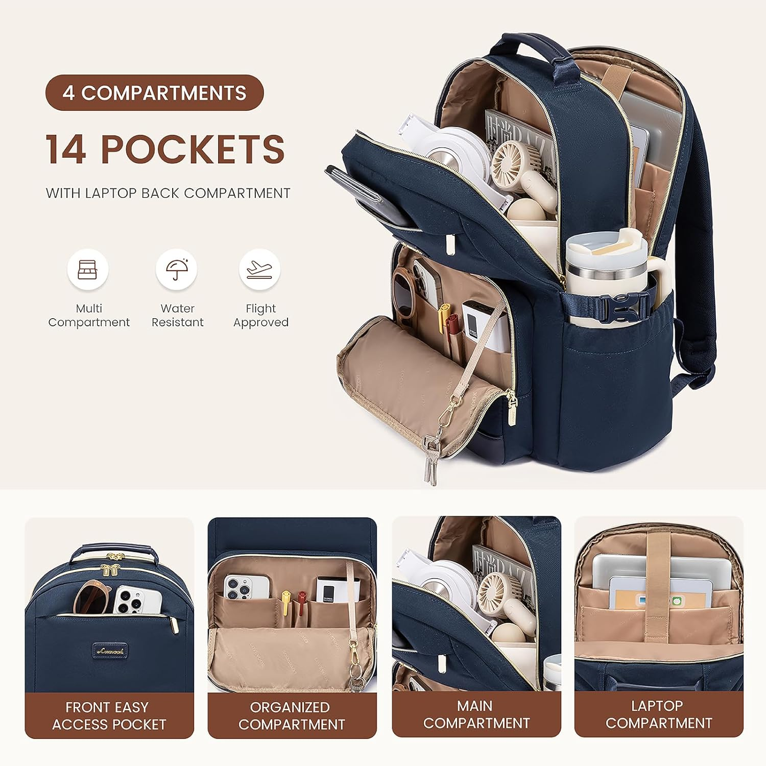 Laptop Backpack for Women with Pouch Pocket for Large Capacity Cup,15.6 Inch Laptop Computer Bag Travel Backpack Purse,Waterproof Work Business Backpack College Teacher Bags,Dark Blue - Image 3