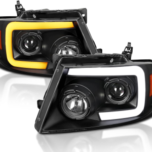 Black Projector Headlights W/Switchback Sequential Signal LED Tube Compatible with 2004-2008 Ford F150 2006-2008 Lincoln Mark LT, Left + Right Pair Headlamps Assembly