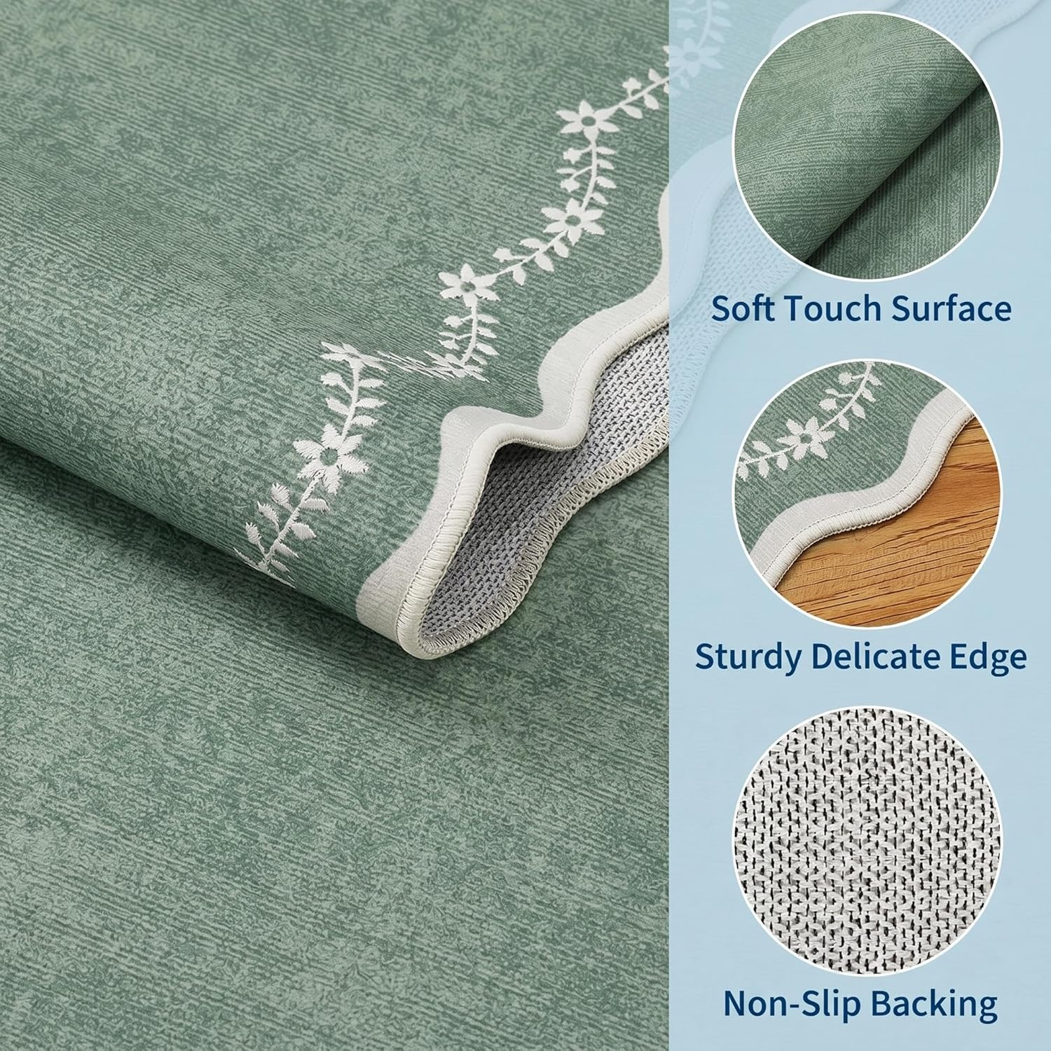 Scalloped round Area Rugs 8Ft for Living Room, Large Sage Green Washable Circle Rug Soft Non Slip Floral Print Floor Mat Carpet Indoor Thin Rug for Bedroom Dining Room Playroom Nursery - Image 4