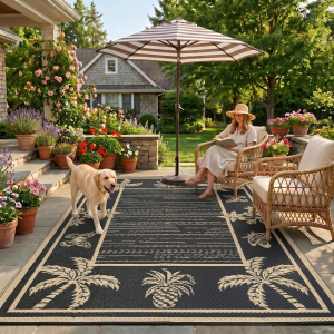 Outdoor Rug 5X8 Waterproof for Patios, Reversible Plastic Straw Rug, Tropical Leaf Indoor Outdoor Rugs, Large Area Rug for RV, Camping, Deck, Picnic Mat, outside Carpet, Black & Brown