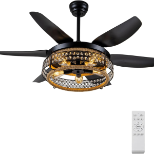 51 Inch Ceiling Fans with Lights and Remote, Farmohouse Fandelier Caged Ceiling Fan with Light, 6 Speed, Reversible, Black Industrial Ceiling Fan Lights for Bedroom, Kitchen, Living Room
