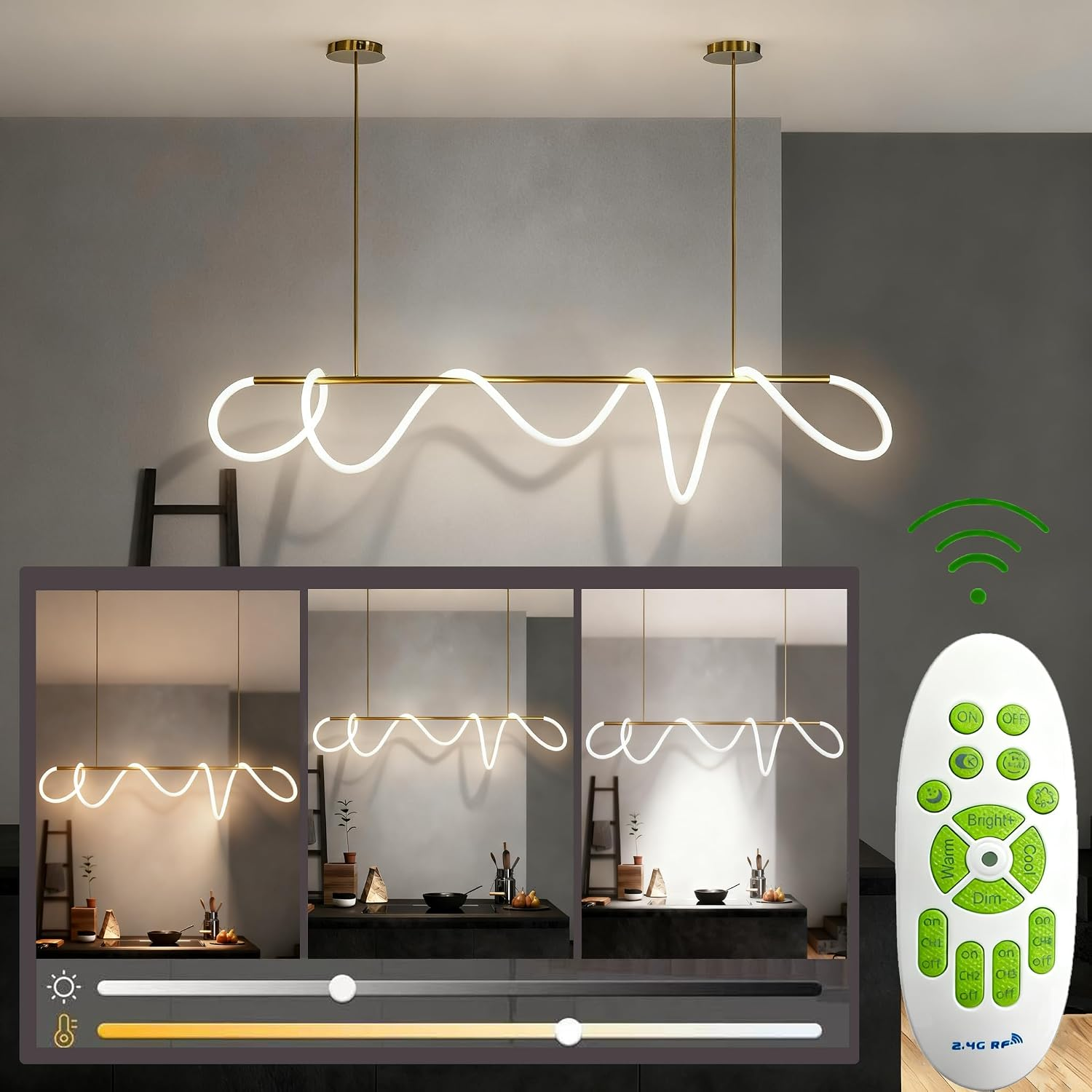 Modern Pendant Lights,Pendant Lights Kitchen Island,Remote Control Dimmable Chandelier Lights,Adjustable Height Led Pendant Light,For Dining Room,Billiard Room Chandeliers (Gold, 47.25In) - Image 2