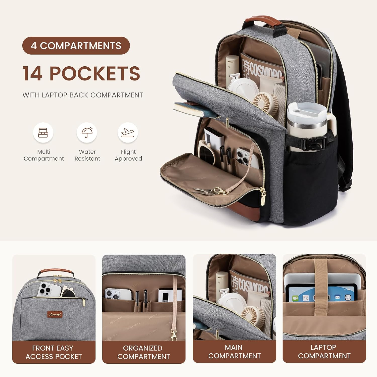 Laptop Backpack for Women with Pouch Pocket for Large Capacity Cup,17 Inch Teacher Nurse College Work Backpack Purse,Waterproof Laptop Bag Computer Back Pack for Travel, Grey-Black-Brown - Image 3