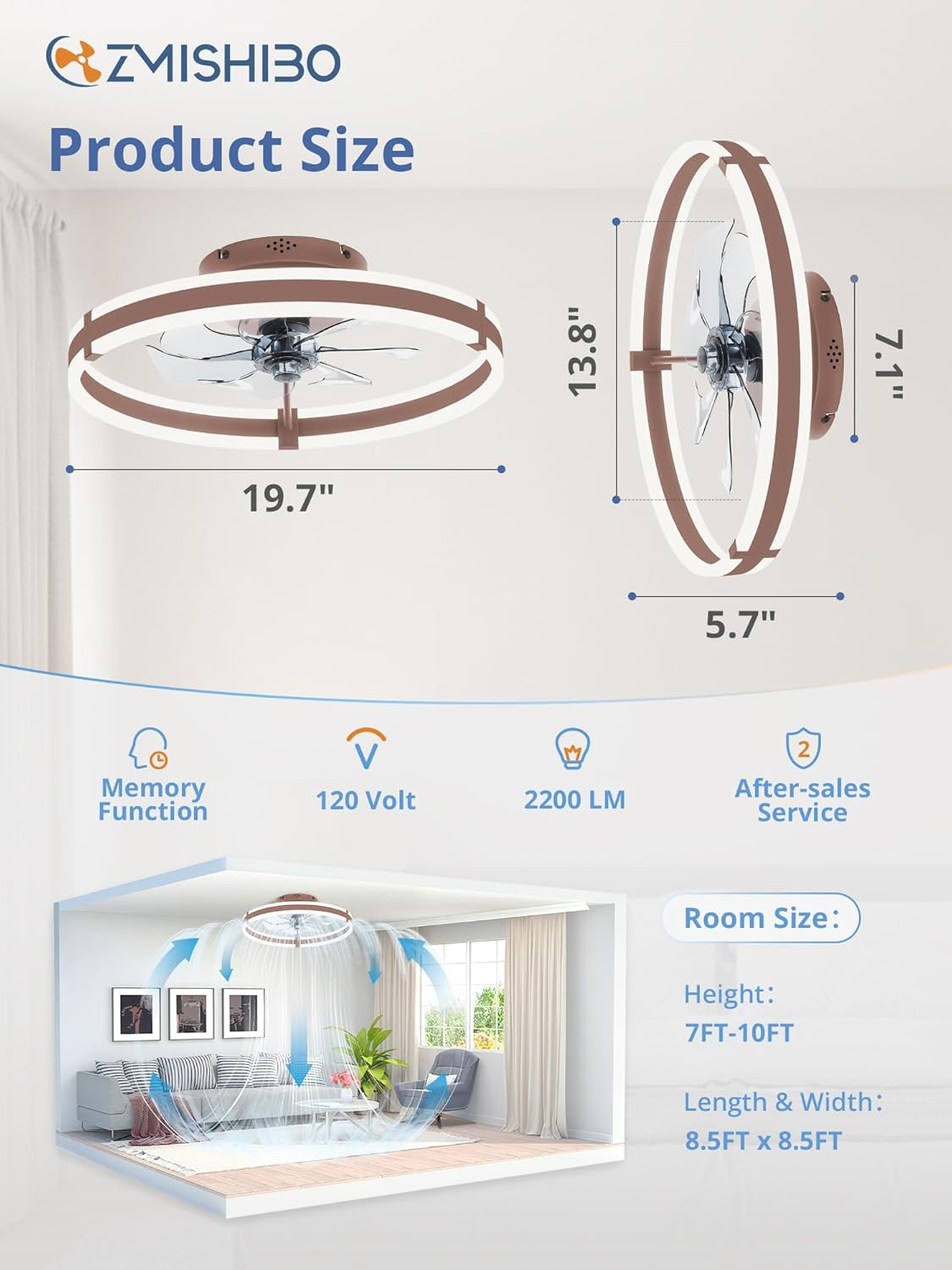 Ceiling Fans with Lights and Remote, 19.7'' Low Profile Ceiling Fan, 3000-6000K Dimmable Modern Flush Mount LED Fan Light, 6 Wind Speeds, Brown Fandelier Ceiling Fans for Bedroom - Image 6