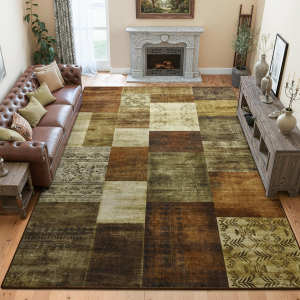 4X6 Area Rugs for Living Room, Washable Large Geometric Brown Bedroom Rug, Modern Patchwork Carpet Indoor Non Slip Throw Rug for Dining Room Office Home Decor
