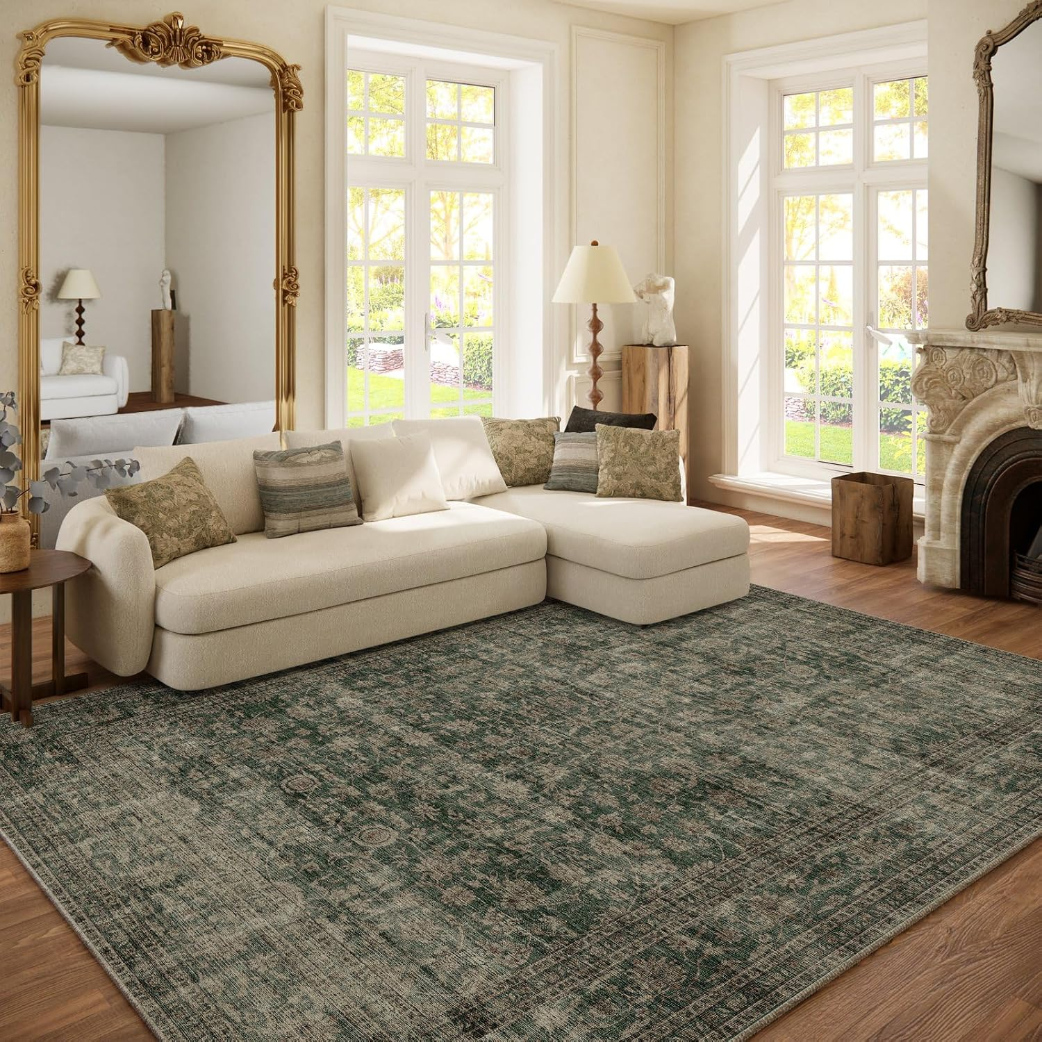 Washable Living Room Area Rug: 6X9 Area Rugs for Bedroom Vintage Stain Resistant Non Slip Low Pile Lightweight Boho Carpet for Kitchen Dining Room Farmhouse Kids Room Nursery