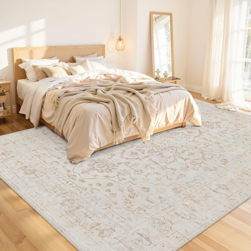 Area Rugs 9X12 Living Room: Vintage Boho Neutral Washable Rug Indoor Soft Large Area Rug Carpet for Bedroom Nursery Farmhouse Dining Room Office Floor Non-Slip Low Pile under Table Rug Warm Beige - Image 2