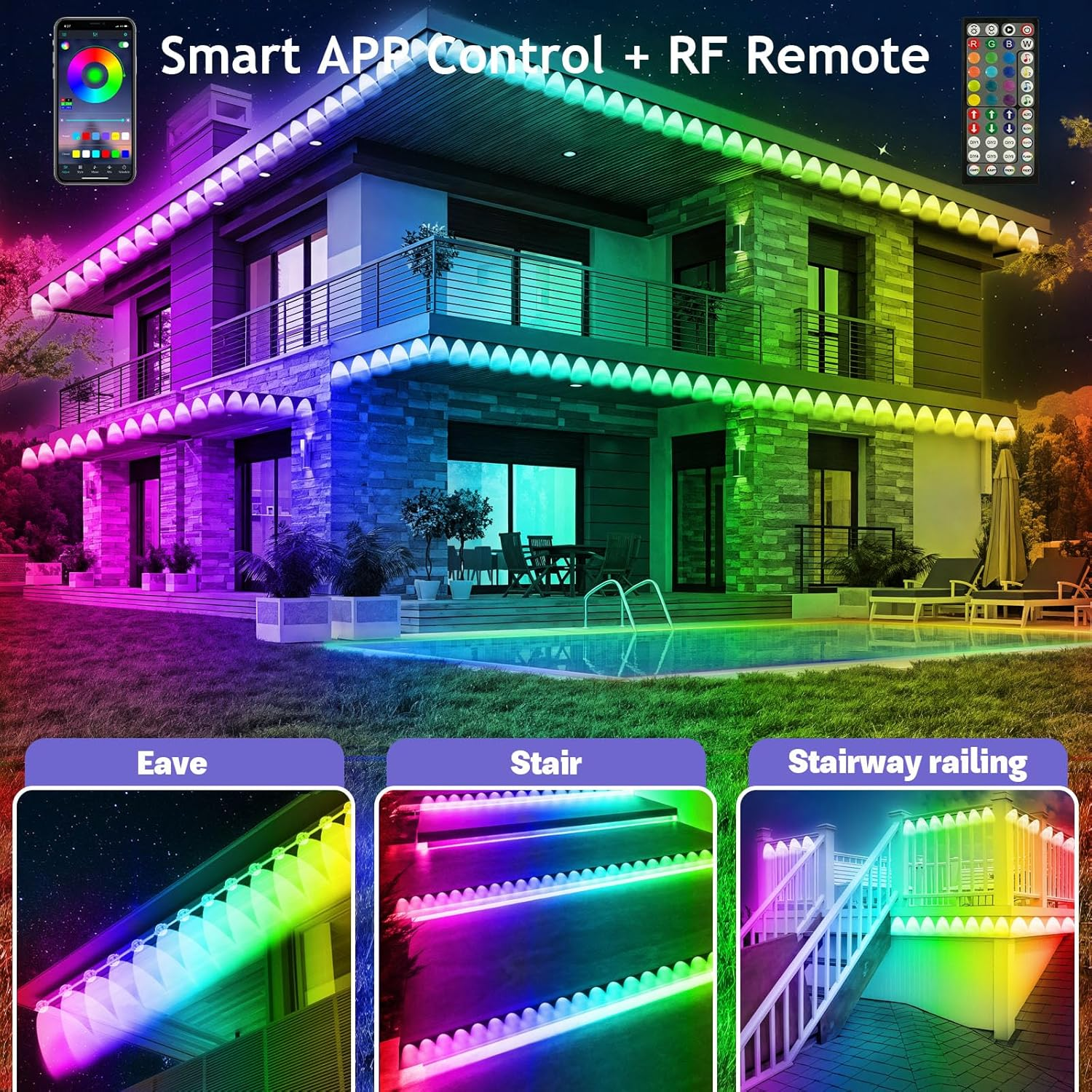 300FT Permanent Outdoor RGB Lights - IP67 Waterproof with Smart App Control Remote,Diy Scene Modes, Music Synchronization,Eaves Lights for Garden Decor,Deck,Christmas - Image 2