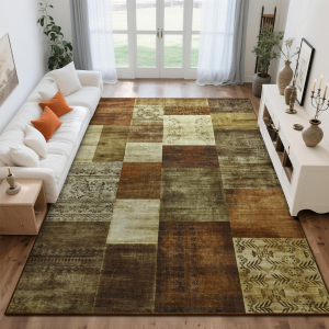 9X12 Area Rugs for Living Room, Washable Large Geometric Brown Bedroom Rug, Modern Patchwork Carpet Indoor Non Slip Throw Rug for Dining Room Office Home Decor