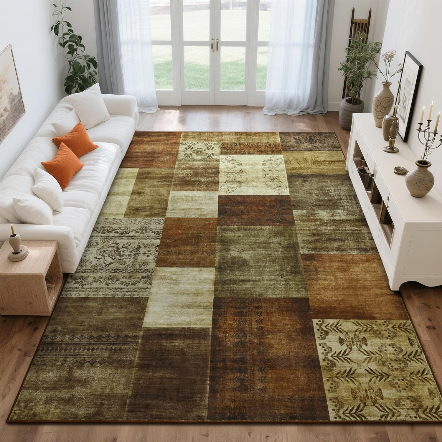 9X12 Area Rugs for Living Room, Washable Large Geometric Brown Bedroom Rug, Modern Patchwork Carpet Indoor Non Slip Throw Rug for Dining Room Office Home Decor