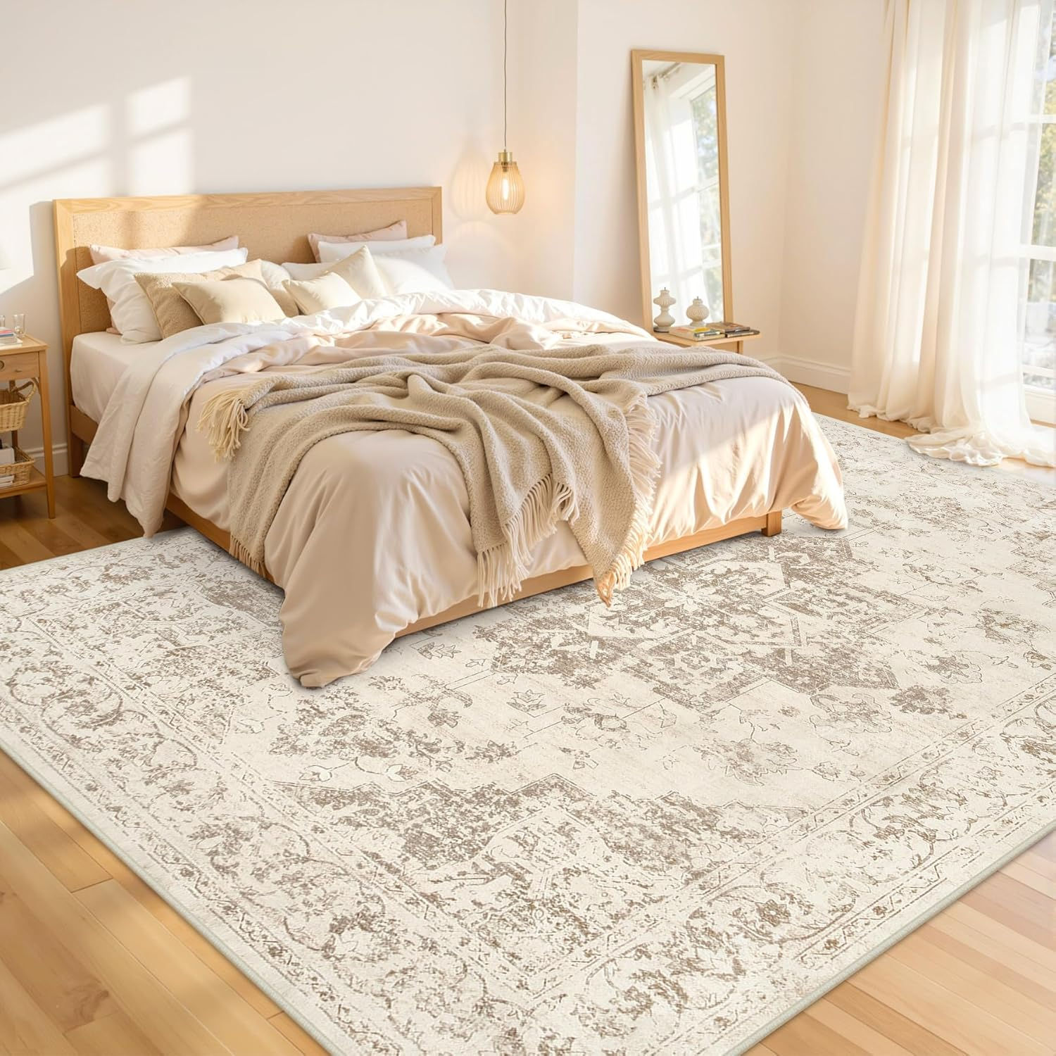 Area Rugs 9X12 Living Room: Vintage Boho Neutral Washable Rug Indoor Soft Large Area Rug Carpet for Bedroom Nursery Farmhouse Dining Room Office Floor Non-Slip Low Pile under Table Rug Beige/Ivory - Image 2