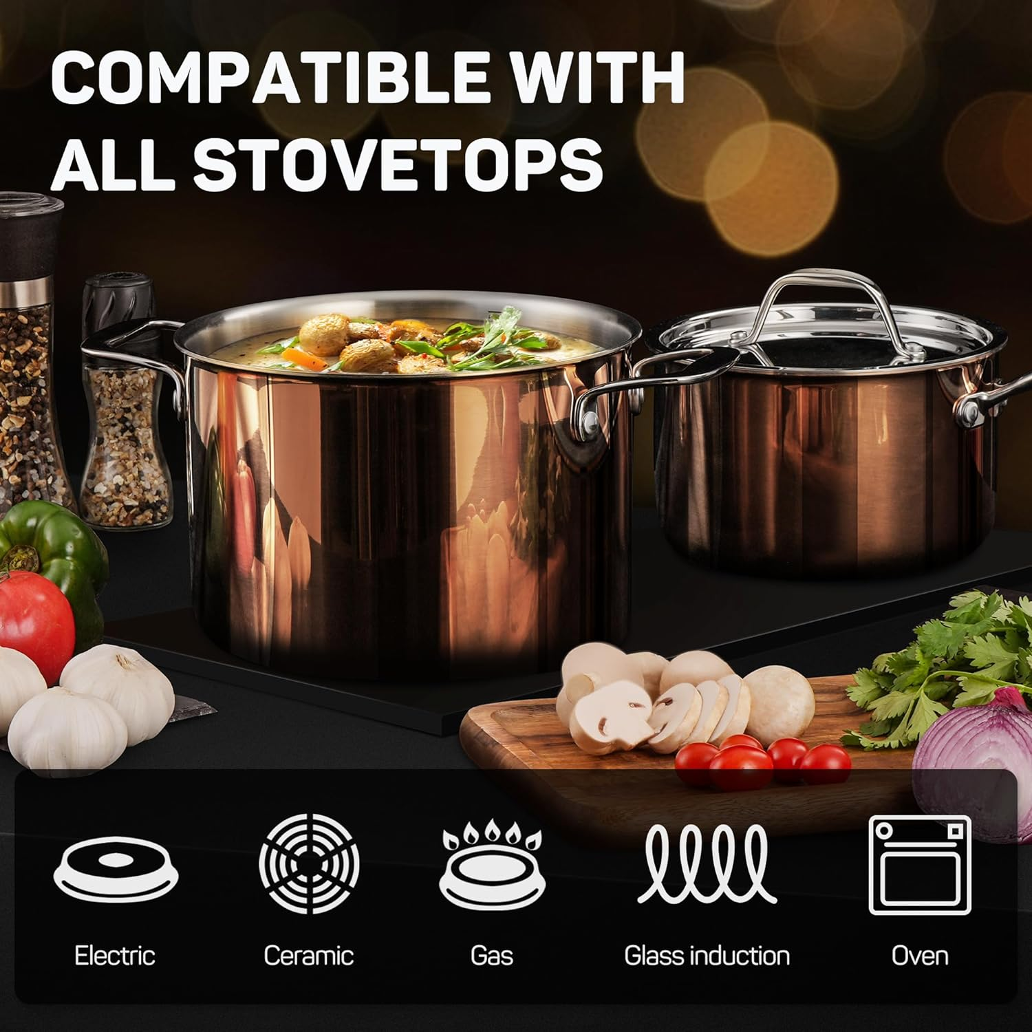 Whole Tri-Ply 18/10 Stainless Steel Cookware Set, 10 Pcs Elegant Copper Pots and Pans Set, Induction Cookware, Frying Pans, Saucepans & Stock Pot with Lid, Ideal Gift for Wedding, Housewarming - Image 3