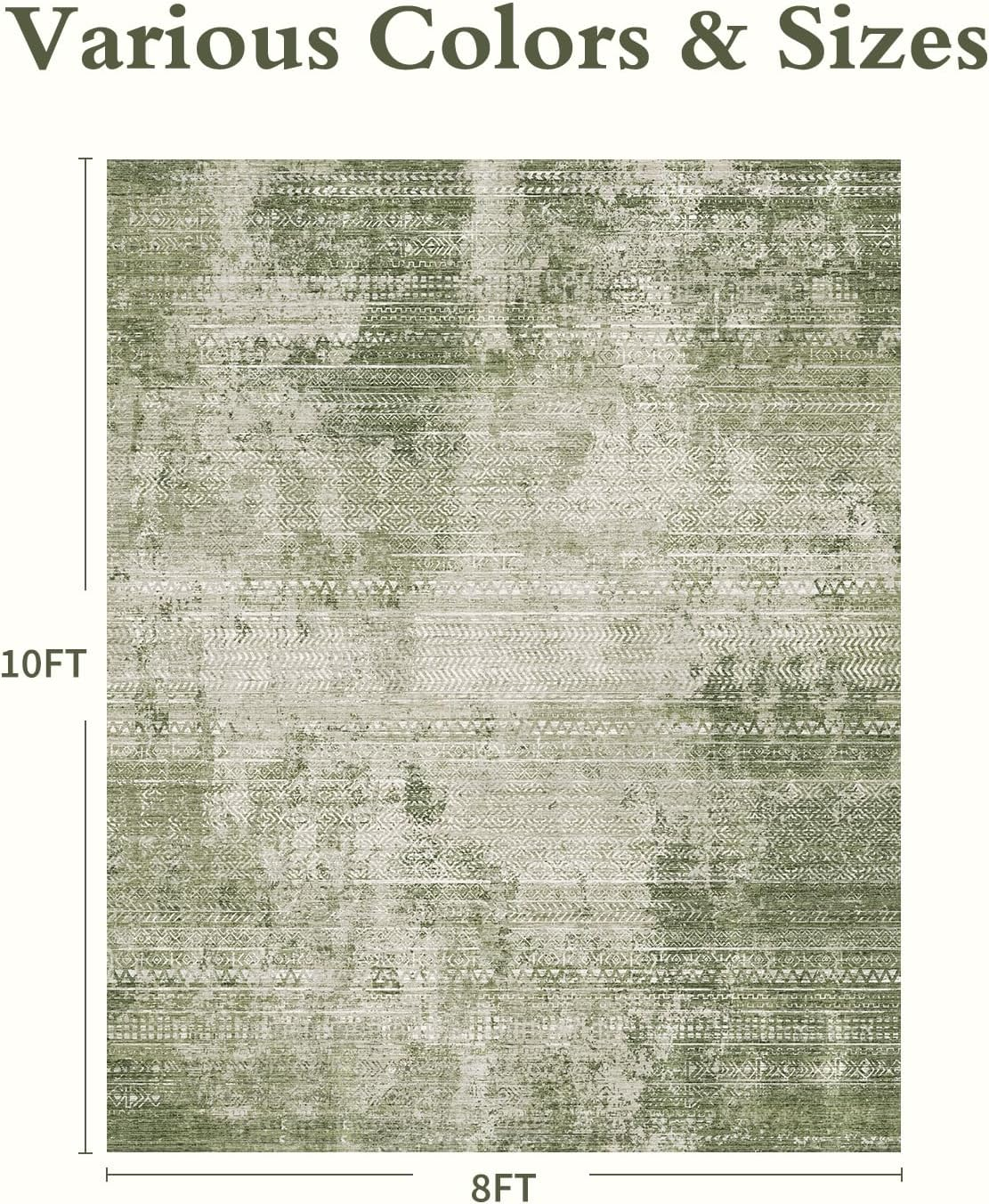 8X10 Area Rugs for Living Room Non Slip Machine Washable Rug Distressed Abstract Soft Indoor Carpet Neutral Boho Rug for Bedroom Dining Room Playroom Office, Green - Image 2