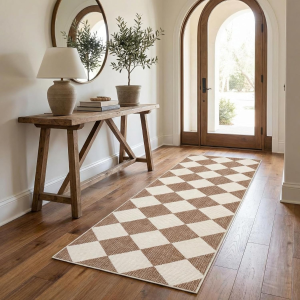 Checkered Rug Runners for Hallways, 2X6 Brown Diamond Print Kitchen Runner Non Slip Backing Entryway Rug Thin Laundry Mat Stain Resistant Carpet for Bedroom Bathroom beside Mat
