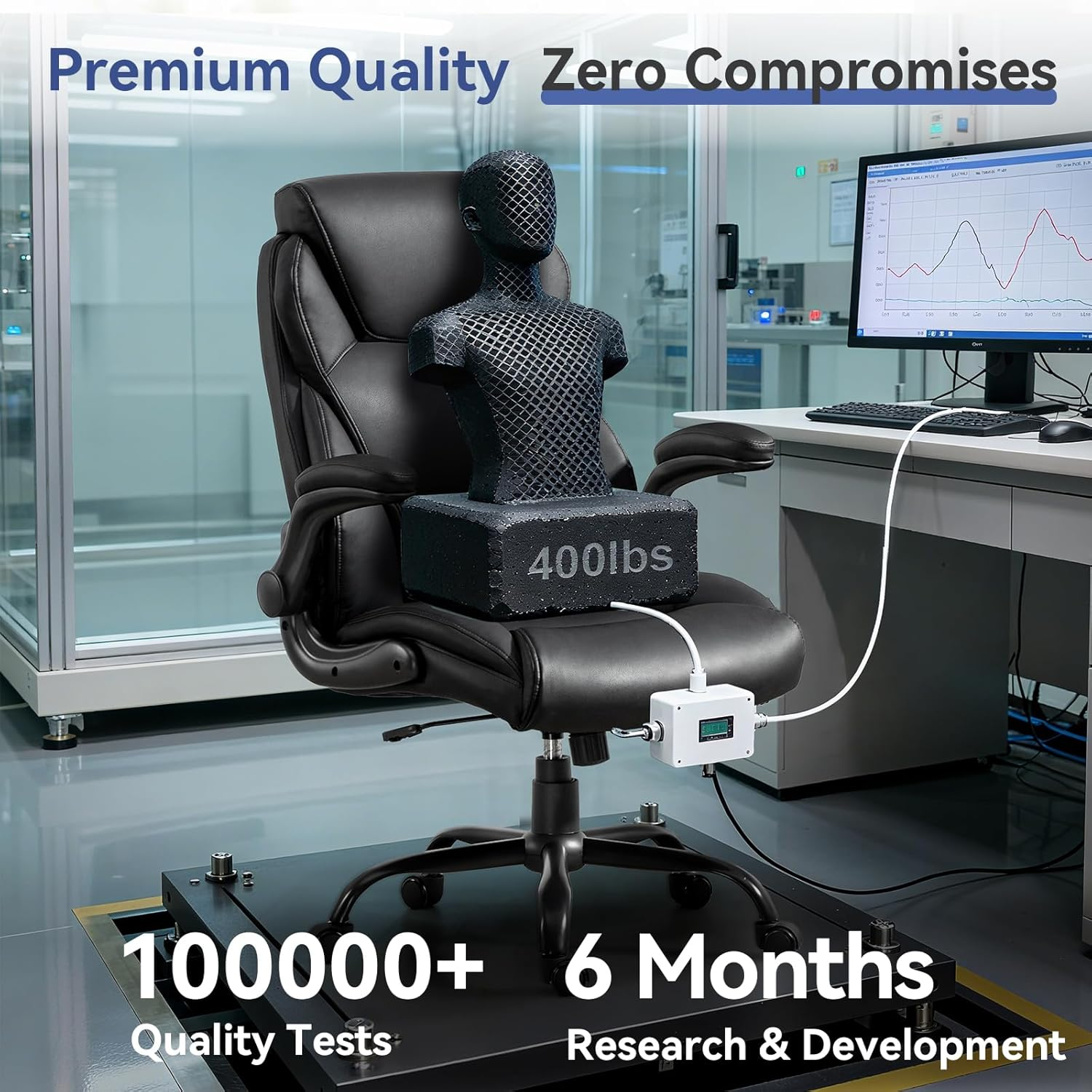 400LBS Big and Tall Office Chair, Heavy Duty Leather Executive Desk Chair with Padded Flip-Up Arms, Swivel Rolling Computer Chair for Home Office, Black - Image 6