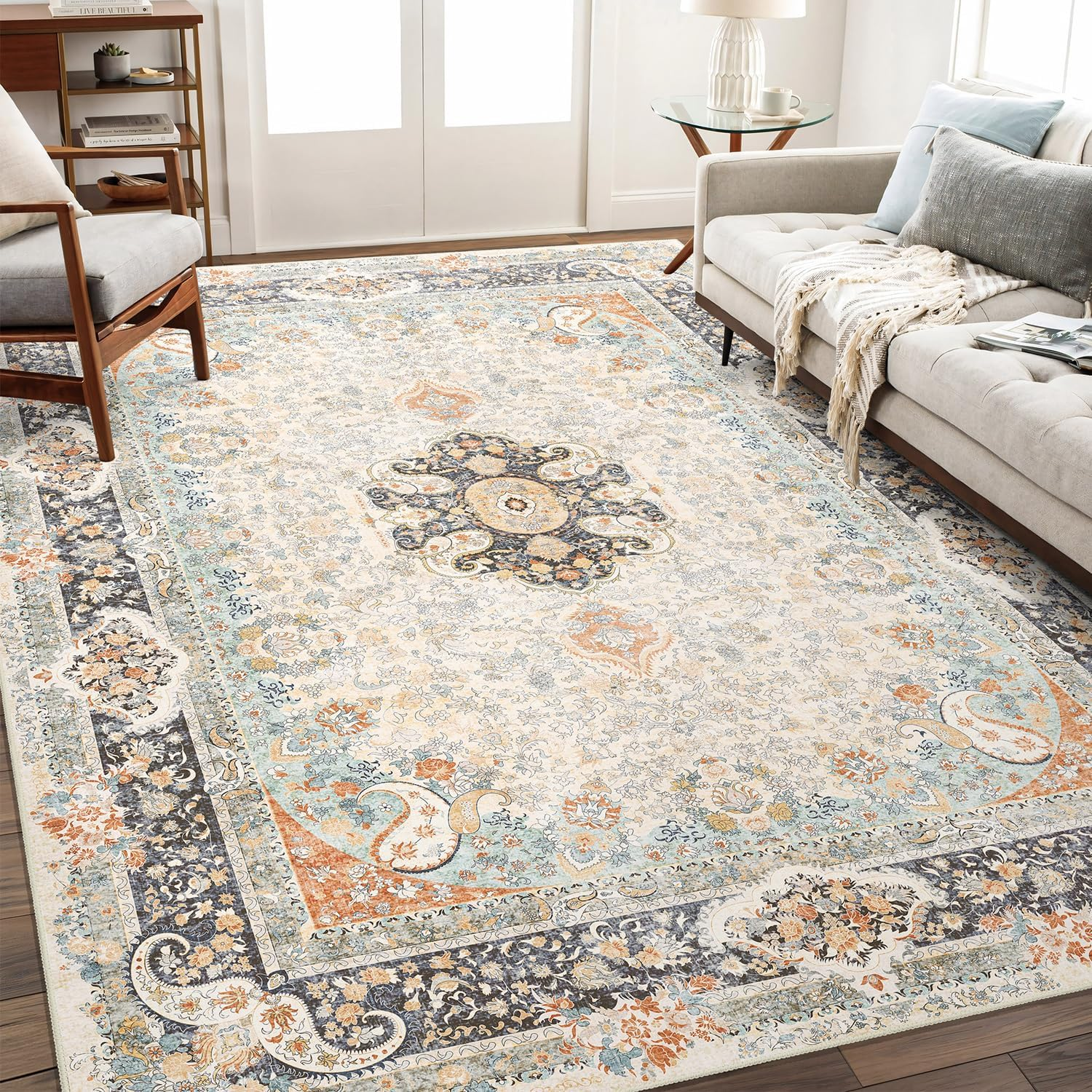 8X10 Area Rugs Washable,Vintage Rug for Living Room Bedroom Dining Room,Large Boho Bohemian Distressed Carpet Non Slip,Retro Blue Grey Floral - Image 2