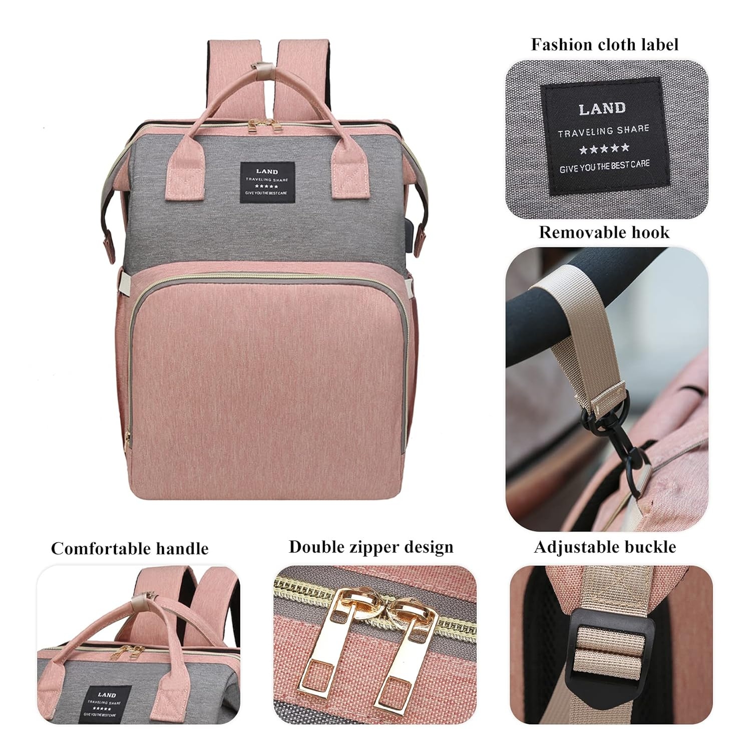Baby Diaper Bags with Changing Station,Waterproof Diaper Bag Backpack for Moms Dads with USB Charging Port,Large Capacity Multifunctional Baby Essentials(Pink-Grey) - Image 8
