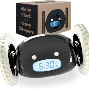 Alarm Clock on Wheels – Loud Rolling Alarm Clock for Heavy Sleepers | Runaway Clock That Jumps & Runs to Wake You up | Funny Unique Gift for Adults, Teens & Kids Bedrooms (Black)