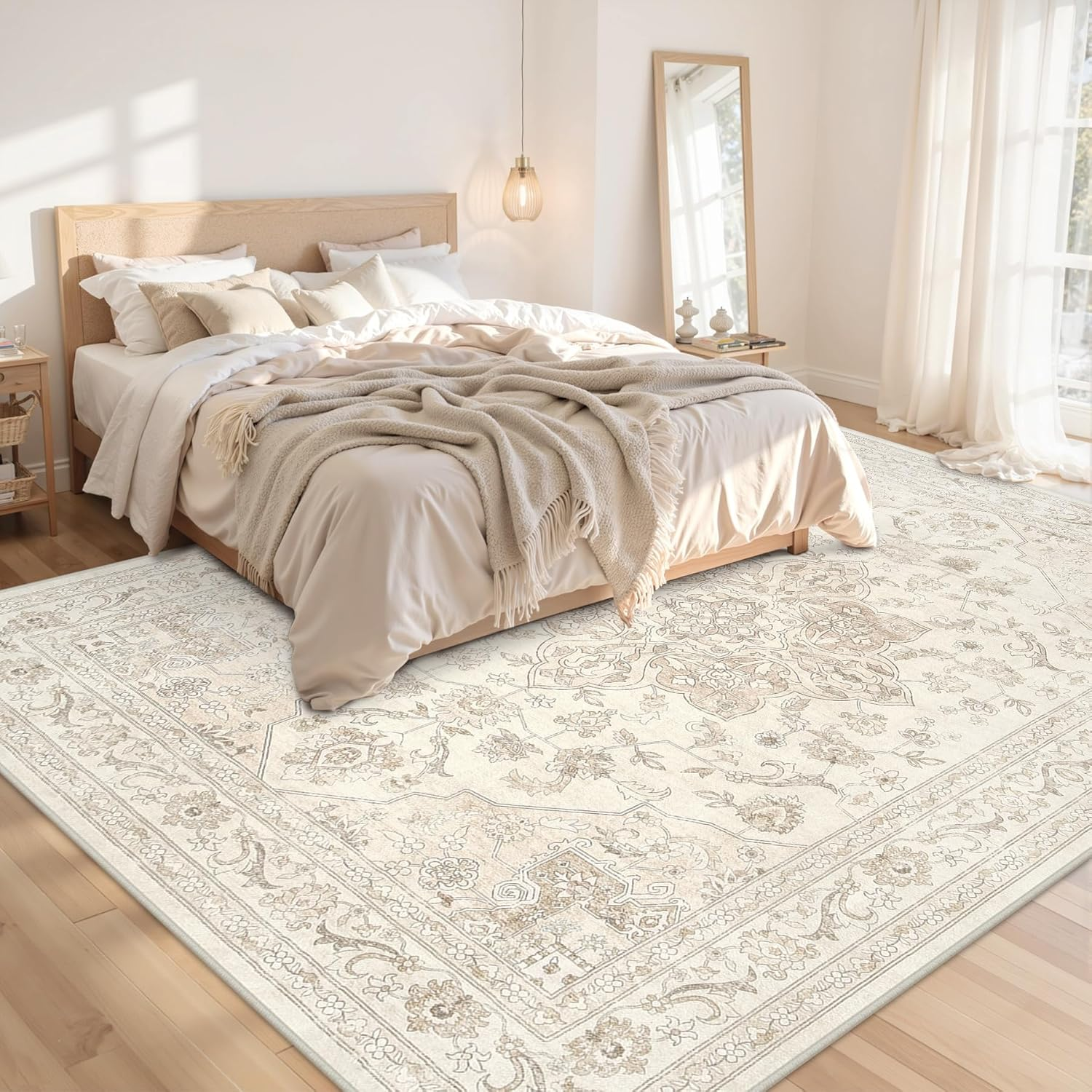 10X14 Area Rug for Living Room: Vintage Boho Neutral Washable Rug Indoor Soft Large Area Rug Carpet for Bedroom Nursery Farmhouse Dining Room Office Floor Non-Slip Low Pile under Table Rug Beige White - Image 2