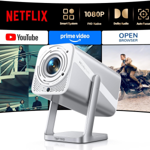 Smart Projector [Built-In Apps/4K Support/2026 Upgraded] with Wifi and Bluetooth, Native 1080P Outdoor Movie Projector, Auto Focus, Dolby Audio,  Mini Portable Proyector W/ Youtube/Prime Video
