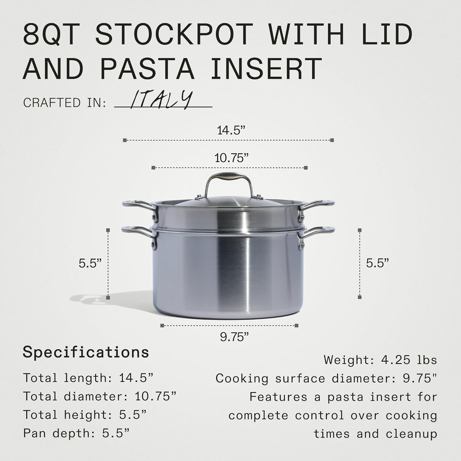 Made in Cookware - 8 Quart Stainless Steel Stock Pot with Lid and Pasta Insert - 5 Ply Stainless Clad - Professional Cookware - Crafted in Italy - Induction Compatible - Image 6