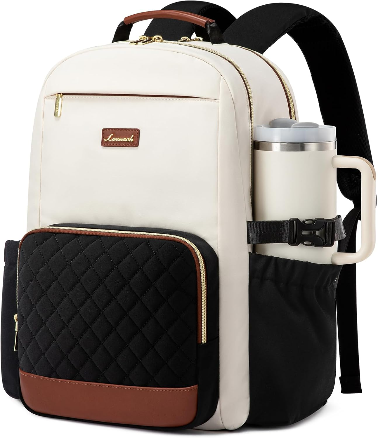 Laptop Backpack for Women with Pouch Pocket for Large Capacity Cup,17 Inch Teacher Nurse College Work Travel Backpack Purse,Waterproof Laptop Computer Bags,Beige-Black-Brown+Diamond-Shaped