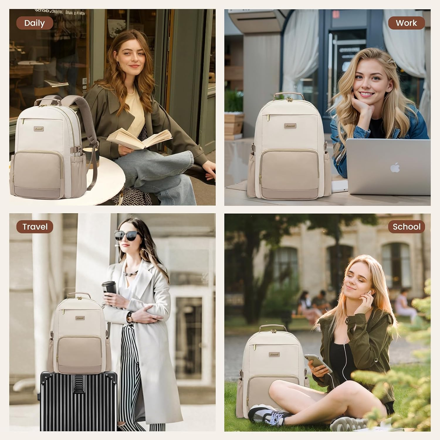 Laptop Backpack for Women with Pouch Pocket for Large Capacity Cup,18 Inch Laptop Computer Bag Travel Backpack Purse,Waterproof Work Business College Teacher Backpack,Beige-Nude-Logam Plum - Image 7