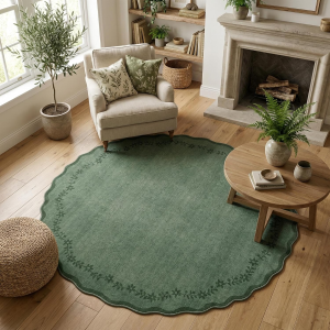 round Area Rugs 6Ft for Bedroom, Solid Dark Green Washable Circle Rug Soft Non Slip Floral Print Floor Mat Leaves Carpet Indoor Thin Rug for Living Room Dining Room Playroom Nursery