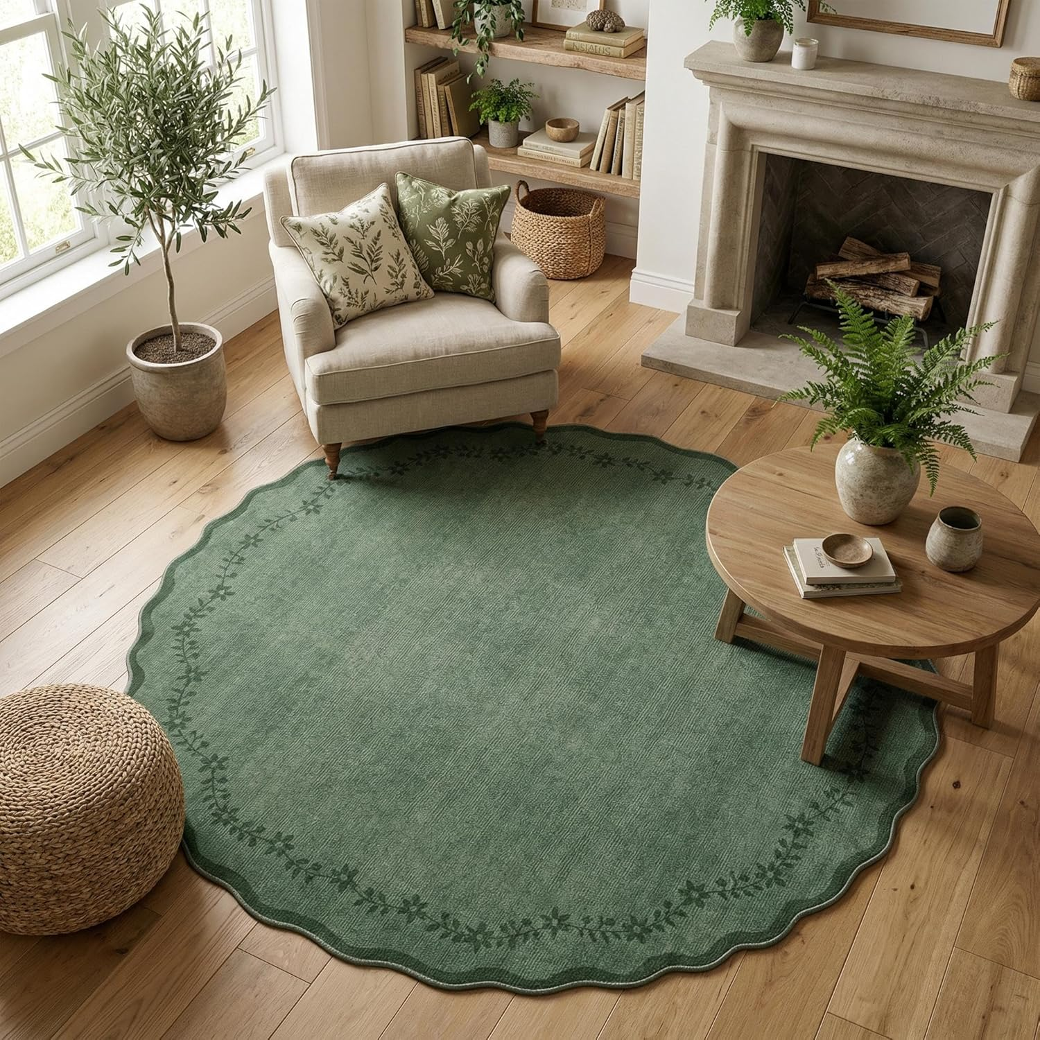 round Area Rugs 8Ft for Living Room, Large Solid Green Washable Circle Rug Soft Non Slip Forest Animal Print Floor Mat Carpet Indoor Thin Rug for Bedroom Dining Room Playroom Nursery - Image 2