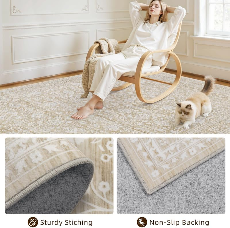 Area Rugs 9X12 Living Room: Vintage Boho Neutral Washable Rug Indoor Soft Large Area Rug Carpet for Bedroom Nursery Farmhouse Dining Room Office Floor Non-Slip Low Pile under Table Natural Beige - Image 4