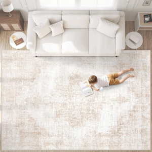 Area Rug 9X12 Vintage Rugs: Large Washable Living Room Rug Retro Medallion Distressed Soft Low Pile Non-Slip Rugs Indoor Floor Carpet for Bedroom Dining Table Office (Beige,9'X12')
