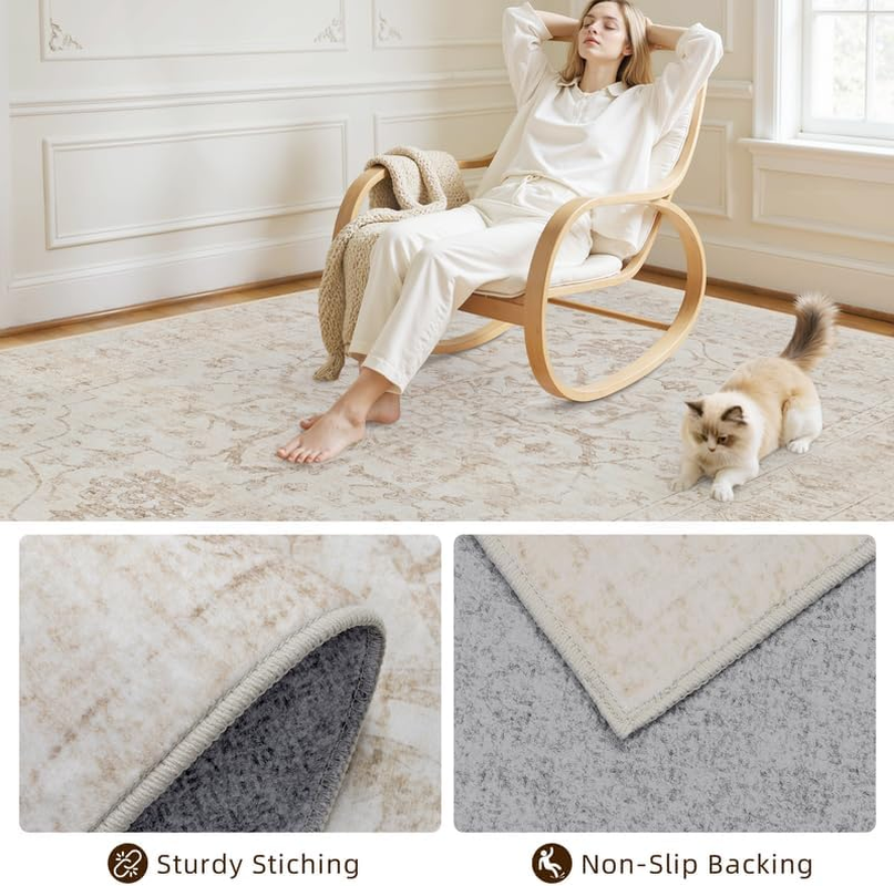 Area Rugs 9X12 Living Room: Vintage Boho Neutral Washable Rug Indoor Soft Large Area Rug Carpet for Bedroom Nursery Farmhouse Dining Room Office Floor Non-Slip Low Pile under Table Rug Warm Beige - Image 4