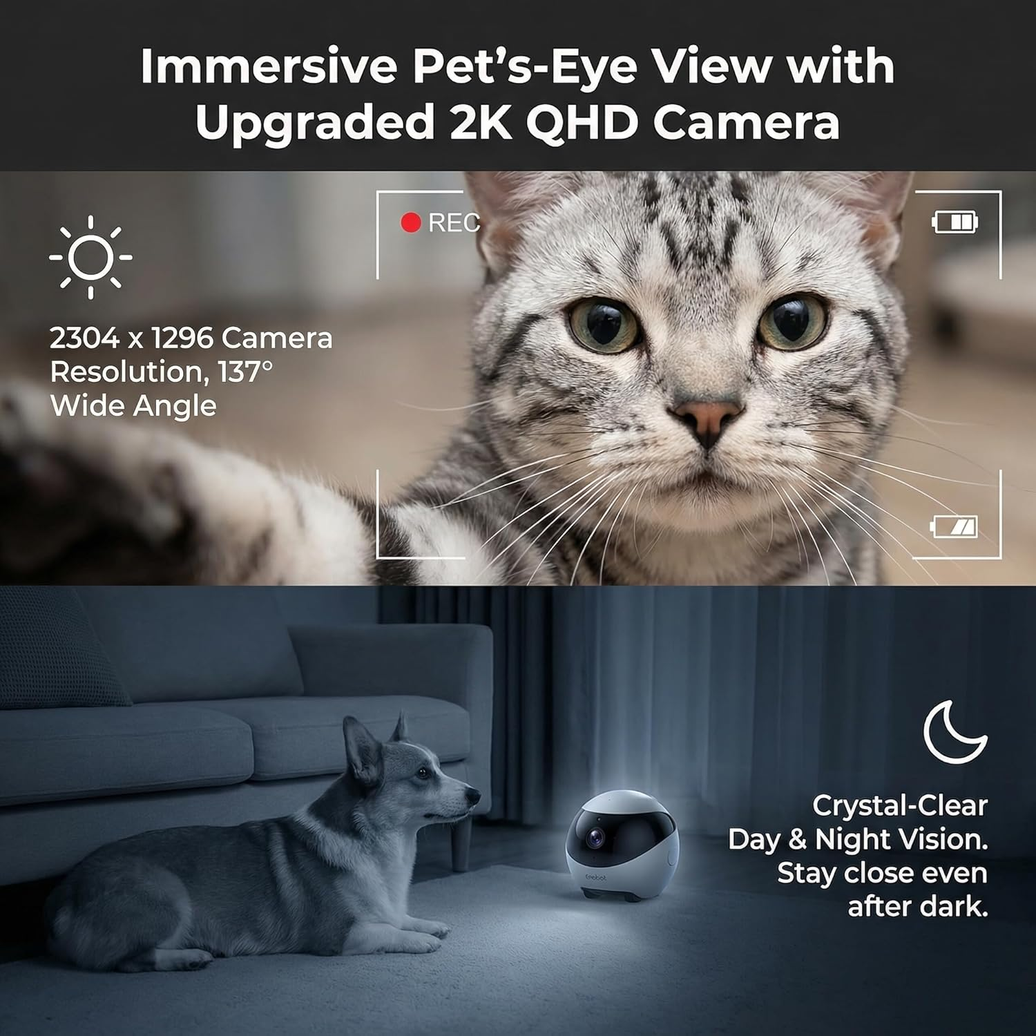 Mini Pet Camera Robot - Enabot EBO ROLA 2K HD Indoor Movable Camera with 5000Mah Battery, Two-Way Talk, Night Vision, Motion Detection, One-Touch Call for Pet Monitoring & Family Companion - Image 3