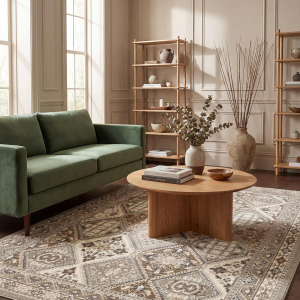 2X3 Becca Traditional Tiled Area Rug, Taupe, Faded Transitional Design, Stain Resistant, for Bedroom, Dining Room, Living Room, Hallway, Office, Kitchen, Entryway